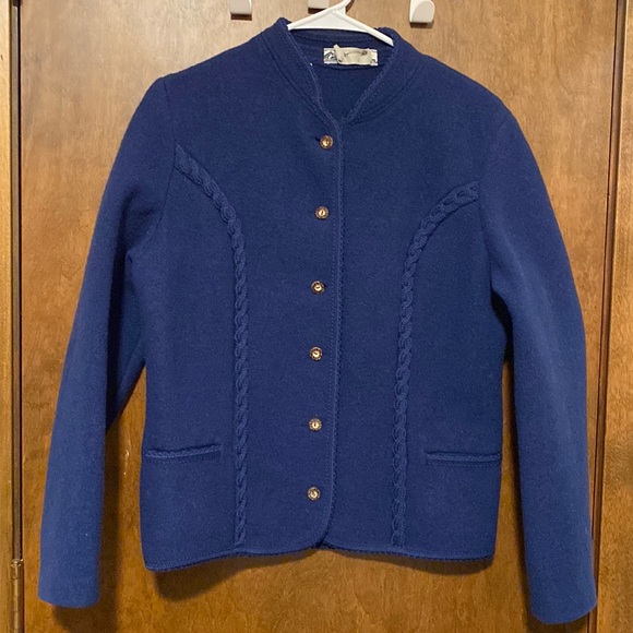 Vintage Jackets & Blazers - VINTAGE Tyrol jacket. 100% boiled wool. Navy blue with wood-look buttons.